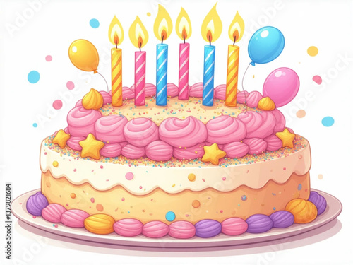 Colorful Birthday Cake with Candles and Balloons