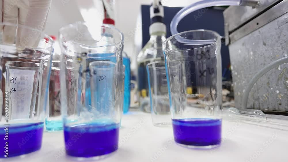 Science lab low angle: Measured buffer solution added to purple liquid Science lab low angle: Measured buffer solution added to purple liquid