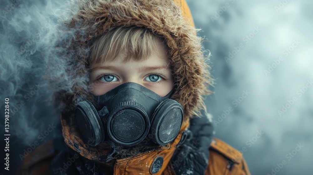 Child wearing gas mask in snowy scene Child wearing gas mask in snowy scene