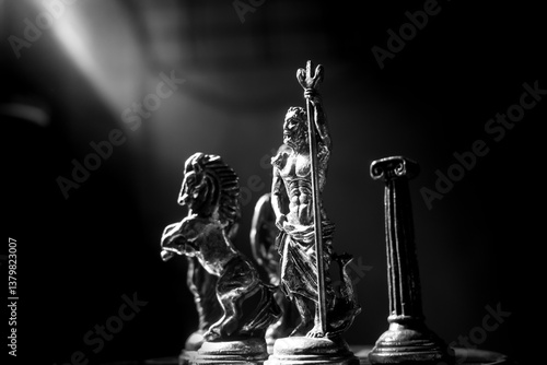 Obraz na plátně Ancient Mythology Chess Pieces in Dramatic Lighting