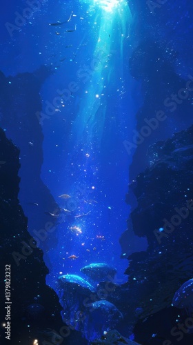 Illustration of Mystical Underwater Scene with Light Rays