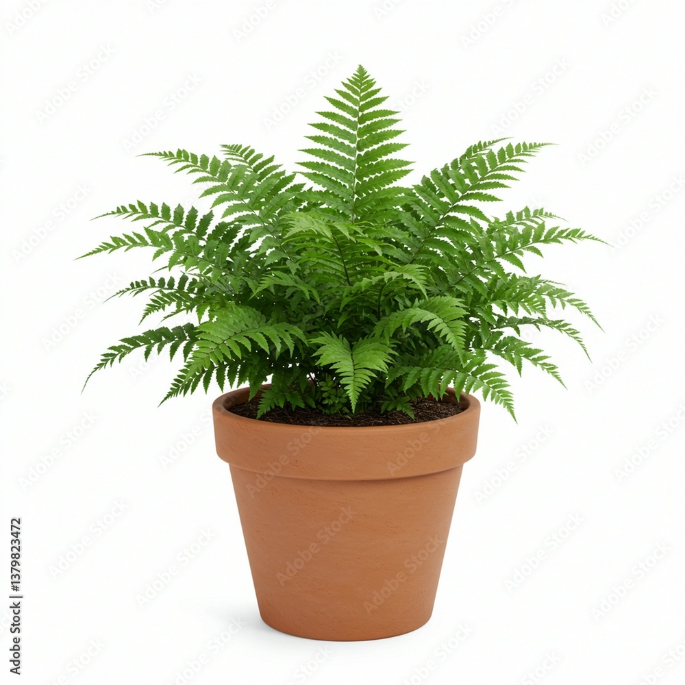 Lush Fern in Terracotta Pot Against White Background Lush Fern in Terracotta Pot Against White Background