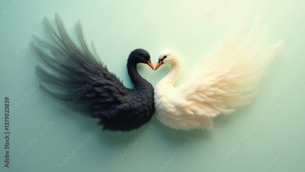 Fototapeta premium Elegant Black and White Swans in a Heart Shape Romantic Bird Couple Soft Feather Texture