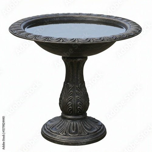Ornate Dark Gray Bird Bath with Water for Backyard Birds