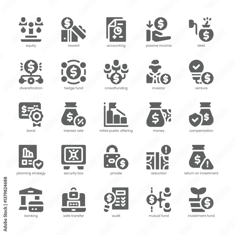 Investment Fund Icon pack for your website, mobile, presentation, and logo design. Investment Fund Icon solid design. Vector graphics illustration and editable stroke. Investment Fund Icon pack for your website, mobile, presentation, and logo design. Investment Fund Icon solid design. Vector graphics illustration and editable stroke.