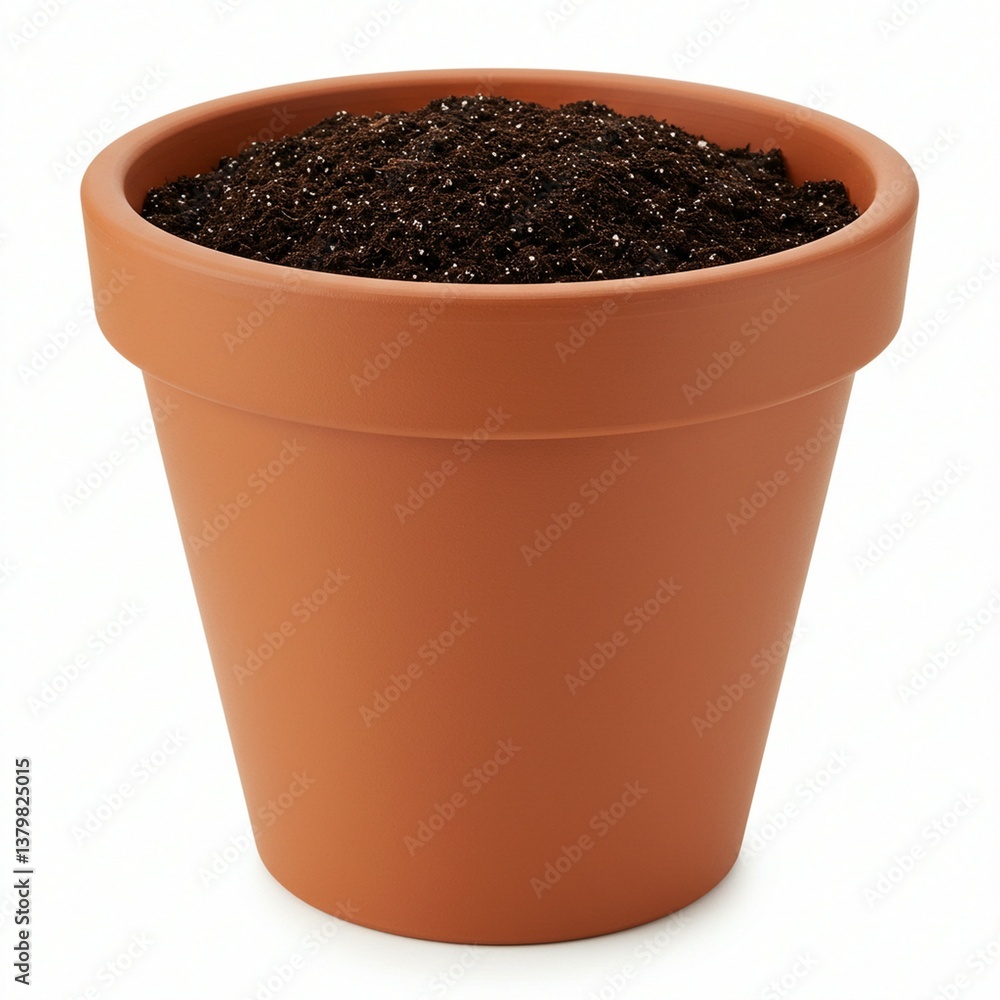Terracotta planter pot filled with potting soil. Terracotta planter pot filled with potting soil.