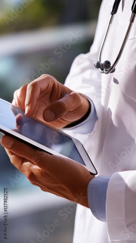 Doctor in white coat using a digital tablet for healthcare records in a modern clinical environment

