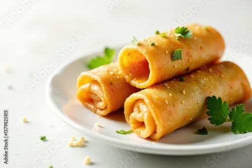 Crispy spring rolls, ginger garnish, white background, sauce, crispy, tasty