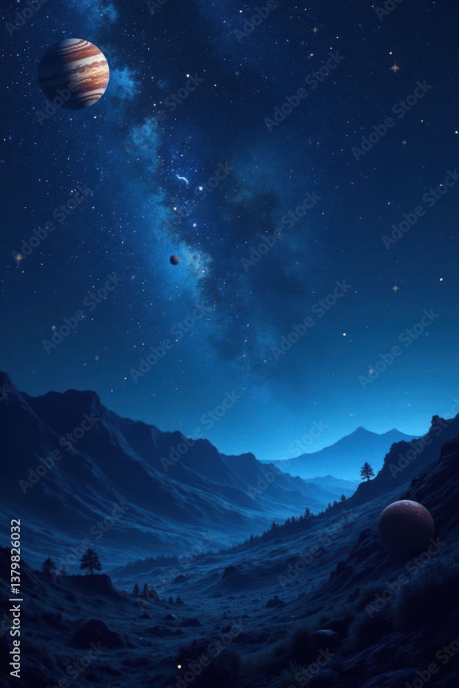 Fototapeta premium Dark blue cosmos with numerous stars and planets in the background , vastness, celestial