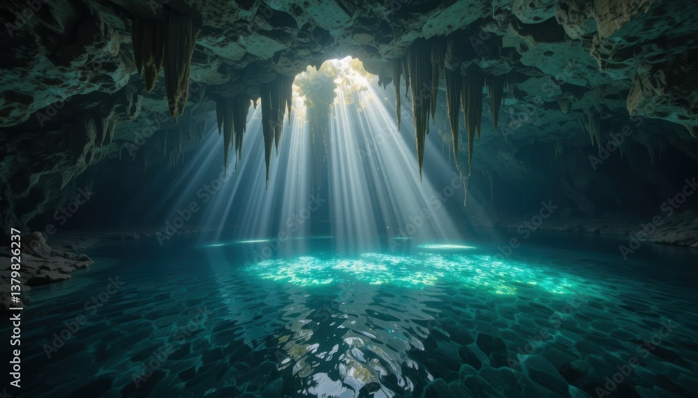 Obraz premium Sunbeams Illuminate a Deep Blue Green Pool in a Dark Cave