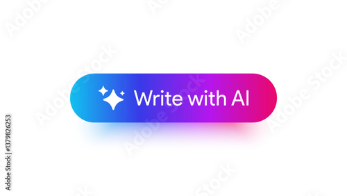 Write with AI button. Rewrite prompt pushbutton. Generate artificial intelligence toggle. LLM magic stars logo. Machine learning text generator. Chatbot assistant. UI design. Vector illustration. 