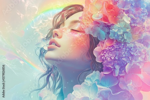 Serene woman with eyes closed, adorned by vibrant pastel hydrangeas and a soft rainbow.