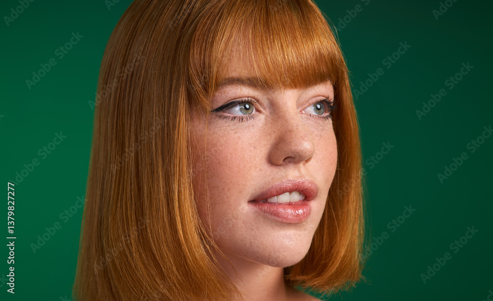 Fototapeta premium Thinking, woman and hair care for beauty in studio of health treatment, growth transformation and salon promotion. Girl, thoughts and idea for healthy texture, keratin solution and green background