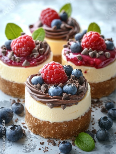 cheesecakes with raspberry, blueberry, and chocolate toppings,praty