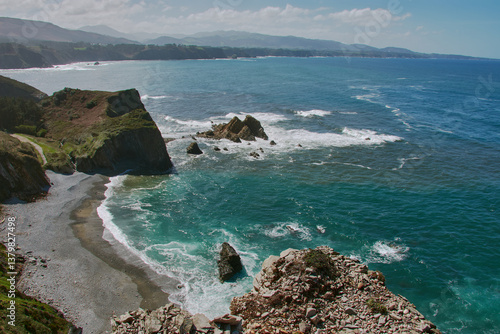 Aerial view of Playa del Bozo, Cabo Busto, Valdes, Asturias, Spain, with stunning coastline