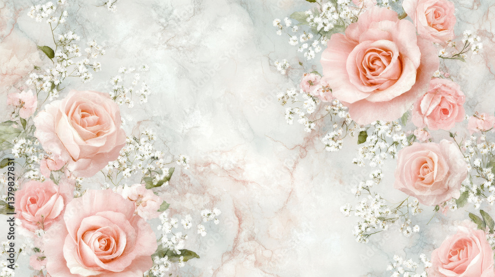 Fototapeta premium Soft pink roses with delicate flowers on marble background