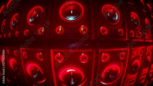 Dynamic Array of Red Speakers Vibrant and Energetic Atmosphere with Fisheye Lens Effect Enhancing Immersive Sound Experience and Futuristic Visuals