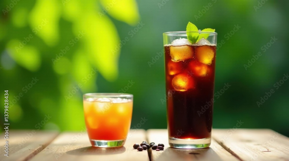 Refreshing Iced Beverages on a Sunny Day by Wooden Table Refreshing Iced Beverages on a Sunny Day by Wooden Table