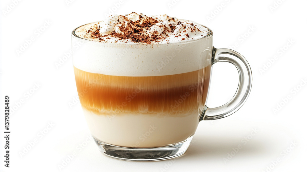 A glass of cappuccino with frothy milk foam, beautifully layered, isolated on a white background A glass of cappuccino with frothy milk foam, beautifully layered, isolated on a white background