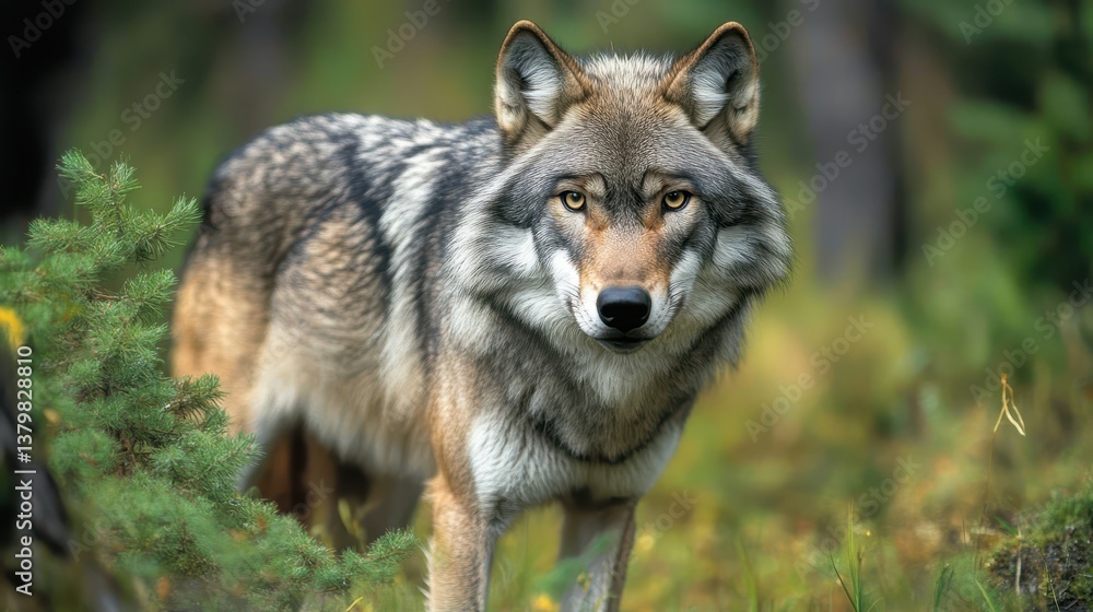 Majestic Gray Wolf Portrait: Wildlife Photography of a Canis Lupus in a Natural Forest Habitat, Detailed Fur Texture. Majestic Gray Wolf Portrait: Wildlife Photography of a Canis Lupus in a Natural Forest Habitat, Detailed Fur Texture.