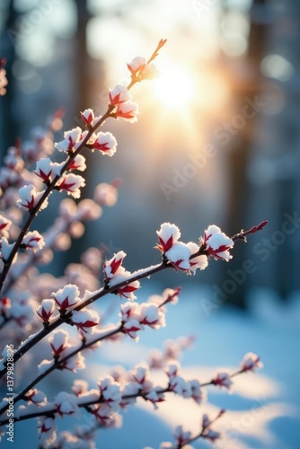 Delicate branches stretching towards sunlight on a snowy background, branches, simplicity, snowflakes