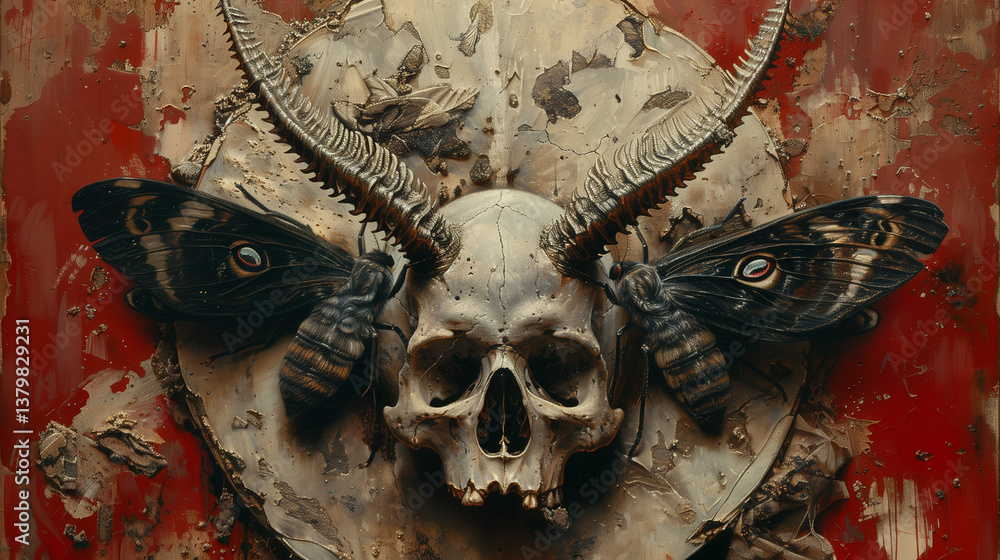 Fototapeta premium Mroczna ilustracja surrealistyczna – czaszka z rogami i skrzydłami ćmy w stylu barokowego vanitas. Detale w odcieniach złota i brązu, idealna do sztuki cyfrowej, tatuaży i okładek.