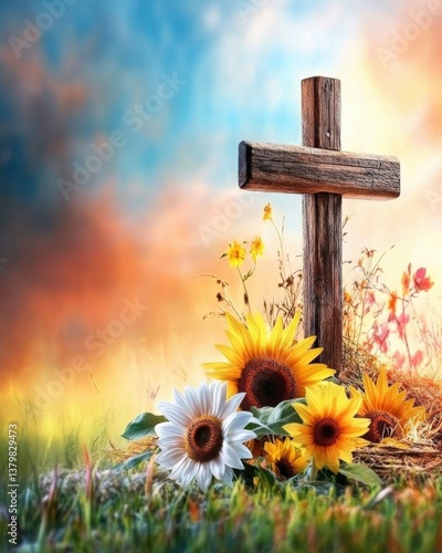 Inspirational cross with sunflowers glowing in sunset sky on grassy field