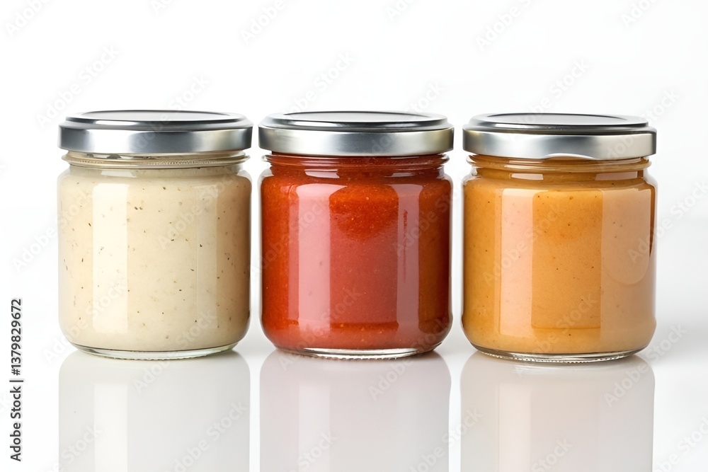 Close-Up Photograph of Three Glass Jars with Diverse Sauces on White Background Close-Up Photograph of Three Glass Jars with Diverse Sauces on White Background