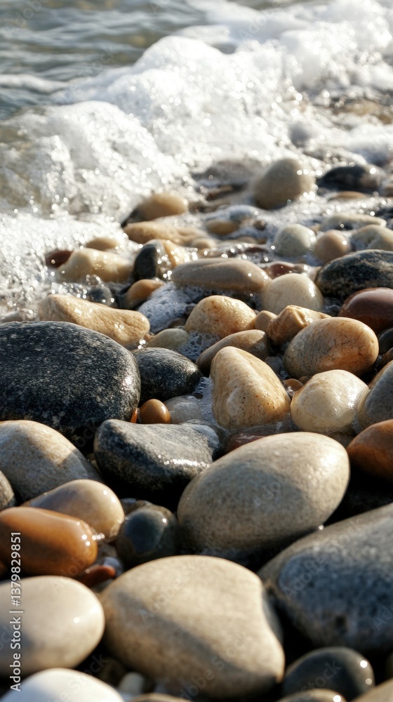 Smooth polished pebbles on shore with ocean wave gently rolling over them at sunset Smooth polished pebbles on shore with ocean wave gently rolling over them at sunset
