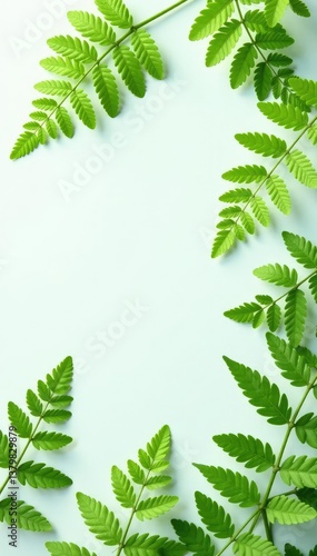 Delicate fern fronds scattered on a crisp white surface, green, greenery, foliage