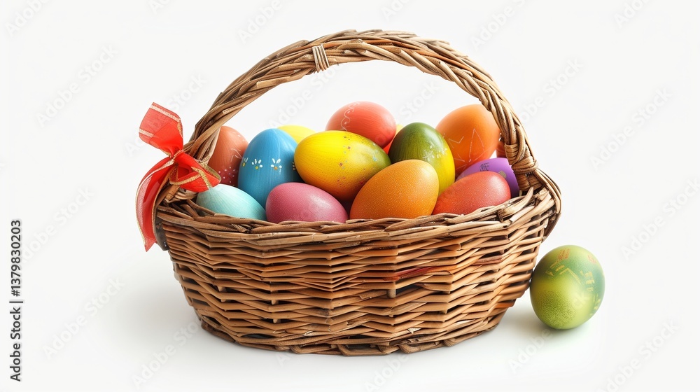 A woven Easter basket filled with vibrant eggs and a small bow, isolated on a white background. A woven Easter basket filled with vibrant eggs and a small bow, isolated on a white background.