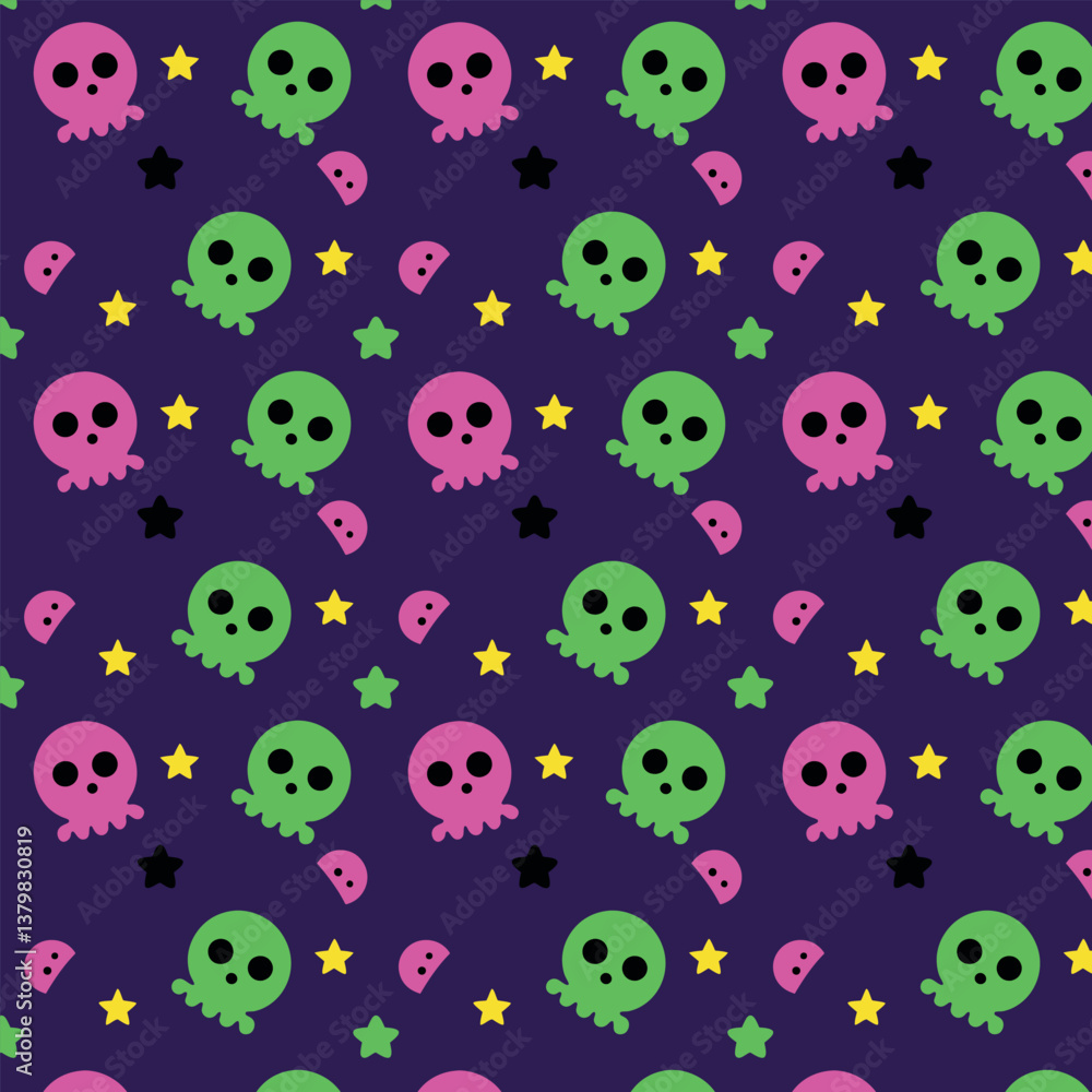 Seamless pattern with funny ghosts and stars, Halloween holiday Seamless pattern with funny ghosts and stars, Halloween holiday