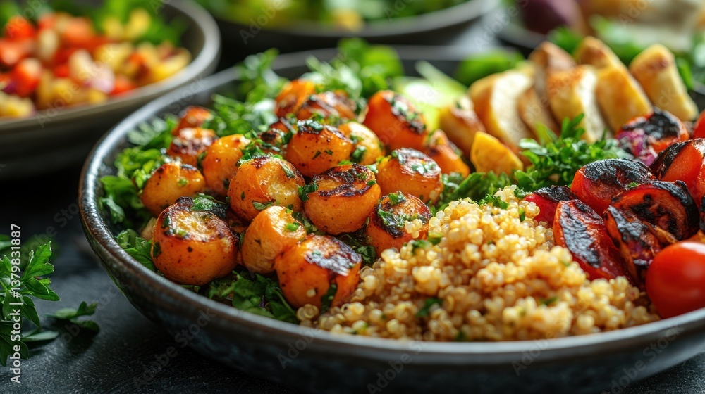 Roasted carrot, quinoa, chicken Buddha bowl on table with side salads Roasted carrot, quinoa, chicken Buddha bowl on table with side salads