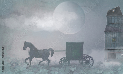 A carriage with a horse drives away from an old Victorian house at dawn