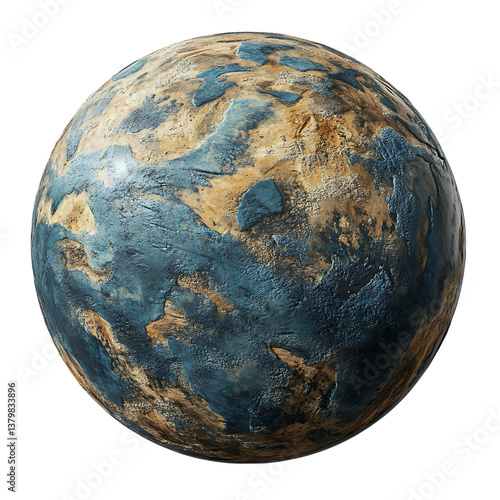 Weathered teal and ochre alien planet on isolated white background