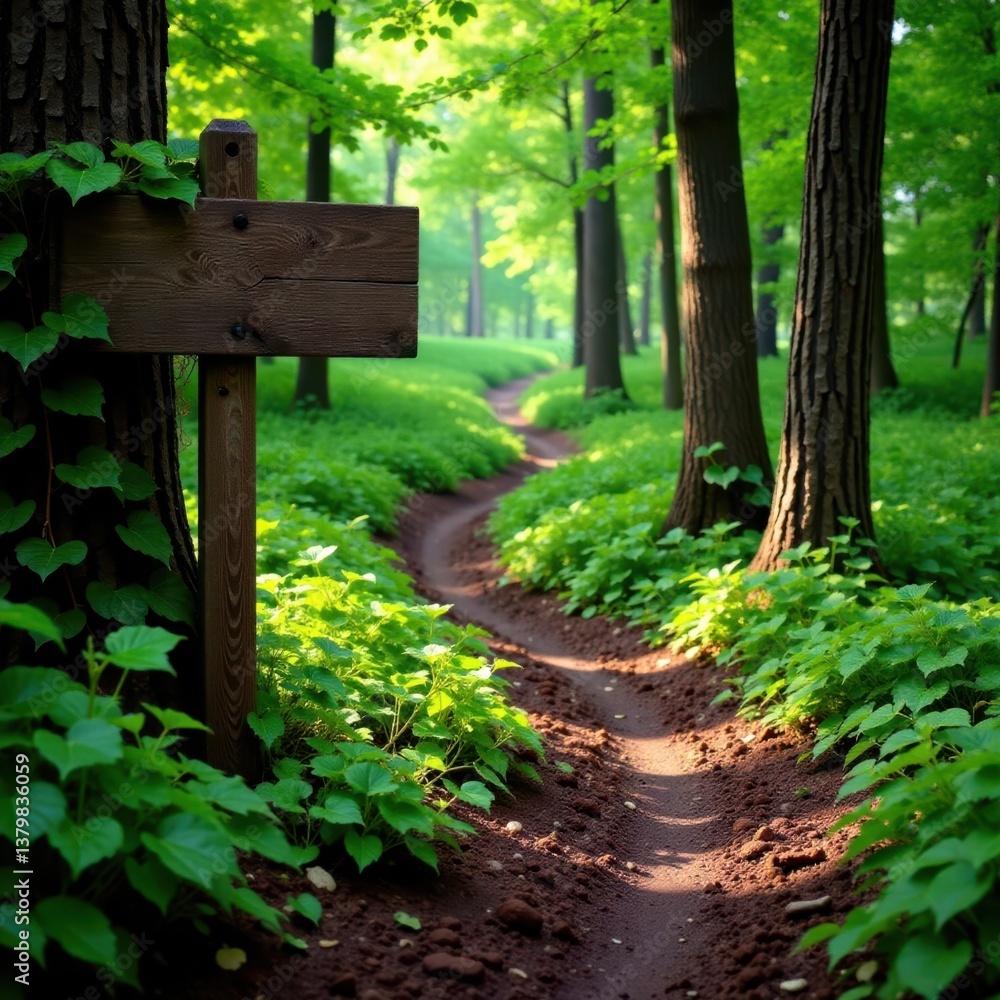 Muddy forest path with old wooden sign and vines, wilderness, rural Muddy forest path with old wooden sign and vines, wilderness, rural