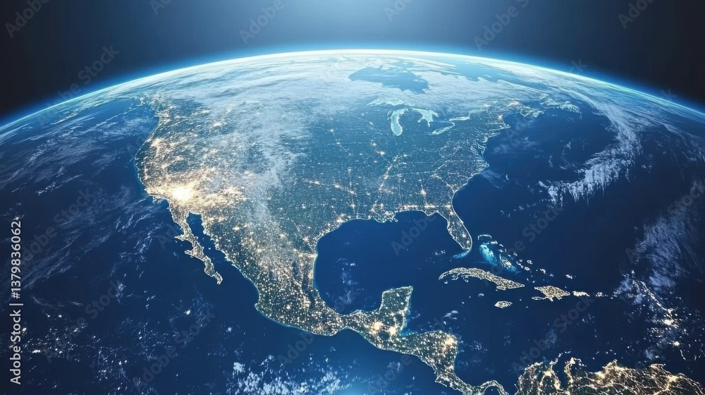 Fototapeta premium North America night city lights map from space, 3d rendering conceptual illustration.