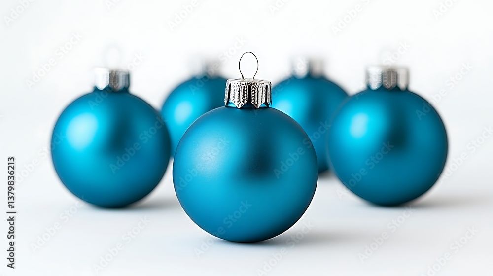 Five blue Christmas ornaments sitting on a white background Five blue Christmas ornaments sitting on a white background