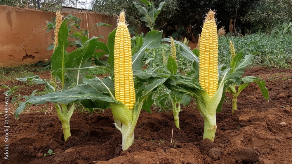 Obraz premium Emerging maize plants with smart agriculture analytics tracking soil health and nutrient levels.