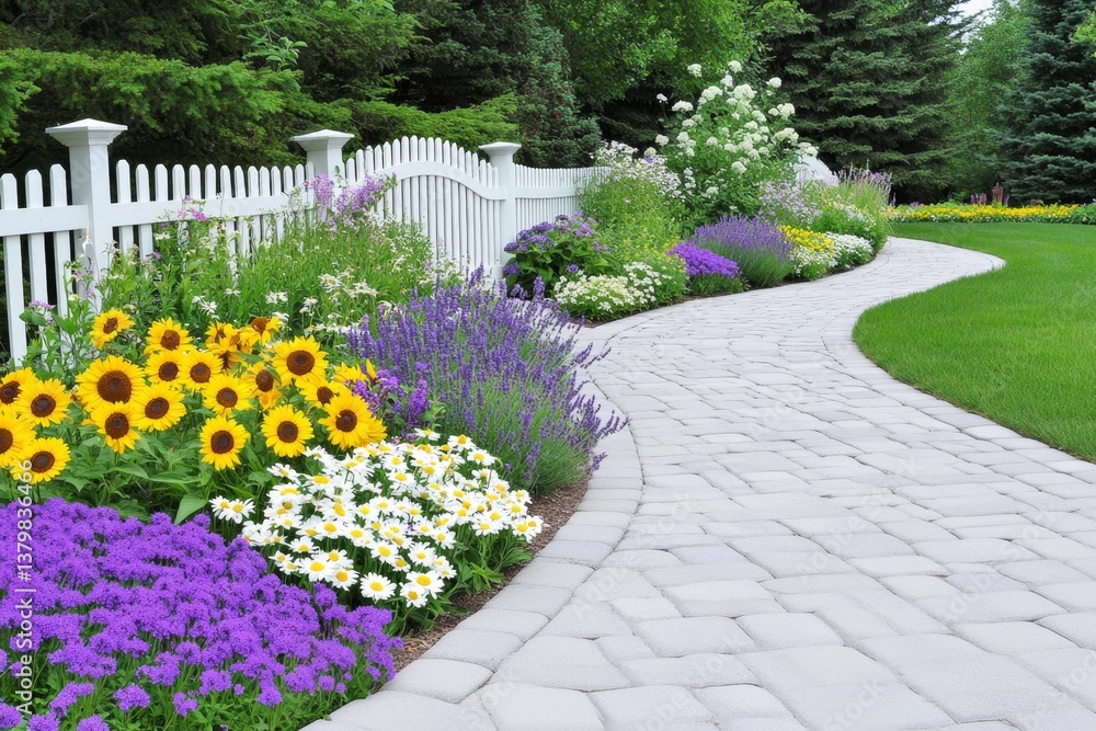 Obraz premium A European cottage garden bursting with daisies, lavender, and sunflowers, with a charming white picket fence