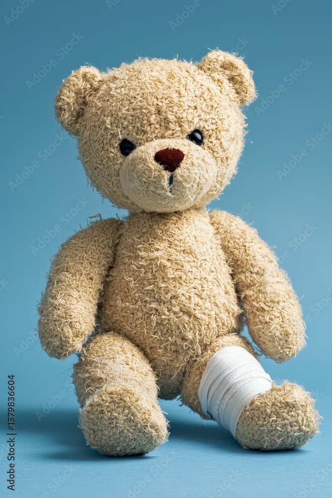 Fototapeta premium a seated teddy bear with on leg bandaged
