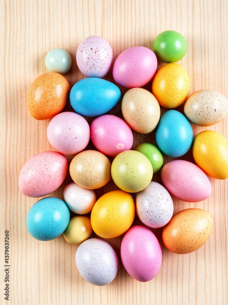 A Flat Lay of Easter Eggs in Multiple Colors and Finishes, Spread Across a Light Wooden Plank Surface.