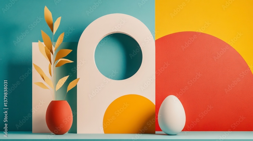 Fototapeta premium Cubist Easter Still Life with Geometric Shapes and Colorful Background in Modern Design Aesthetic
