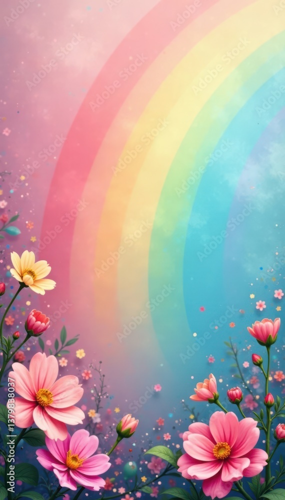 Pastel Rainbow Background with Blooming Flowers, natural setting, botanical illustration Pastel Rainbow Background with Blooming Flowers, natural setting, botanical illustration