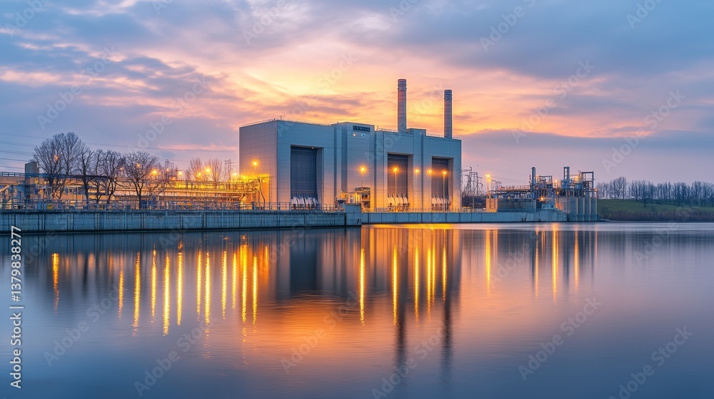 Naklejka premium Power plant at sunset reflected on still water with city lights illuminating the landscape