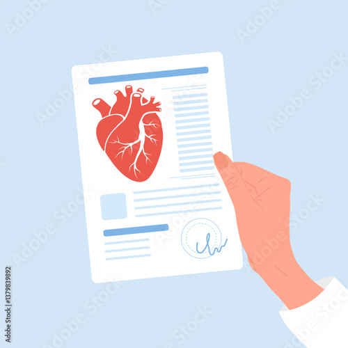 Heart disease concept. Female hand holding result of examine heart. Cardiovascular diseases. Health care and treatment concept. Vector illustration in flat cartoon style.
