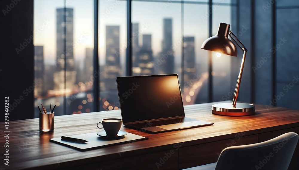 Modern Workspace with City View Laptop Setup Modern Workspace with City View Laptop Setup