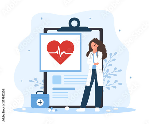 Cardiologist concept. Cardiac surgeon. Female doctor examination Heart disease. Vector illustration in flat cartoon style.