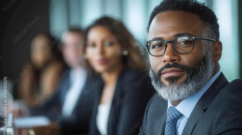 A diverse group of professionals in formal attire engages in a focused discussion in a sleek conference room during a business meeting. The atmosphere is serious and collaborative A diverse group of professionals in formal attire engages in a focused discussion in a sleek conference room during a business meeting. The atmosphere is serious and collaborative