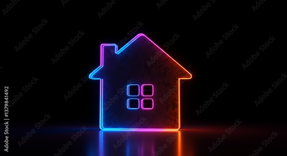 Fototapeta premium Vibrant Neon House Icon on Black Background